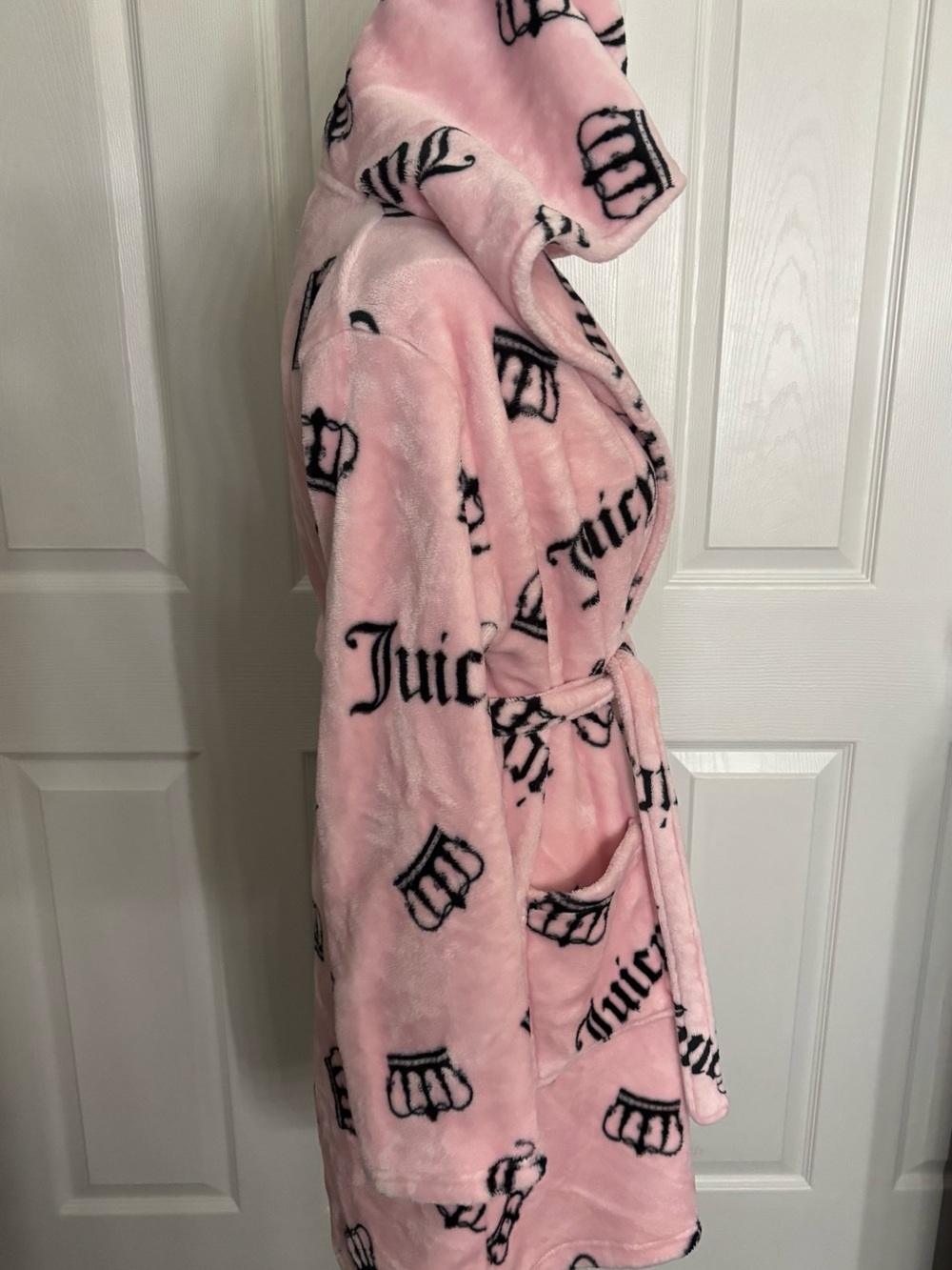 Juicy Couture Pink Fleece Hooded Logo Crown Tie Belt Bathrobe Robe S/M - Picture 4 of 5